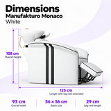 Manufakturo Monaco White backwash unit dimensions: 125 cm length with leg rest extended, 93 cm overall width, 108 cm overall height, 56 x 56 cm basin and 29 cm leg rest.