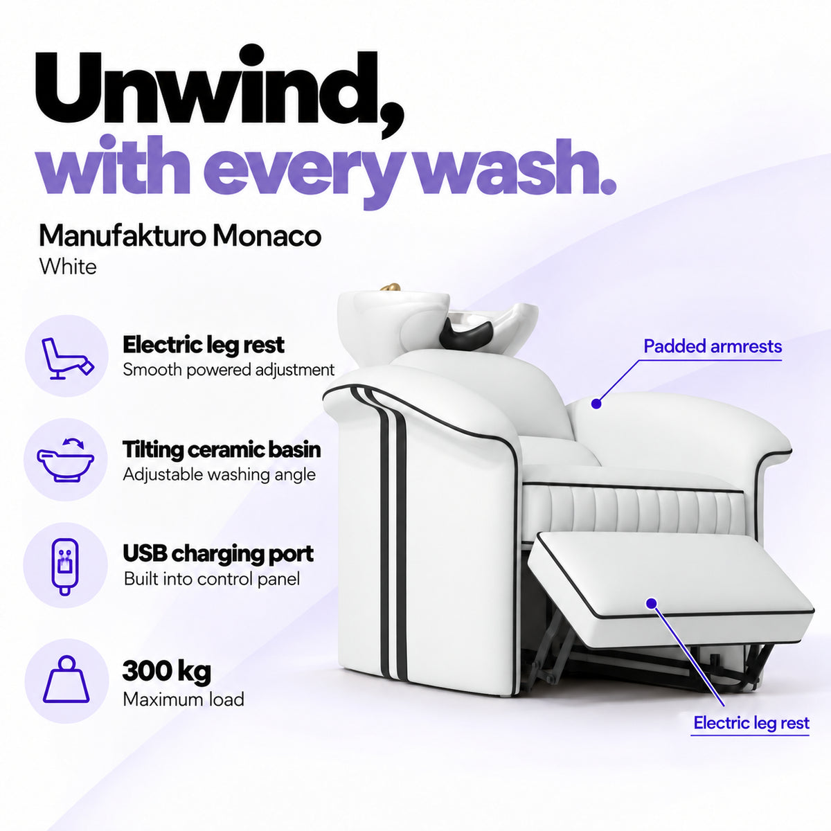 Manufakturo Monaco White backwash unit with electric leg rest, tilting ceramic basin, USB charging port and 300 kg maximum load.