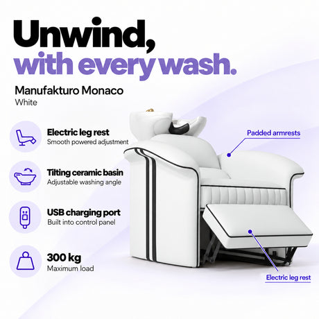Manufakturo Monaco White backwash unit with electric leg rest, tilting ceramic basin, USB charging port and 300 kg maximum load.