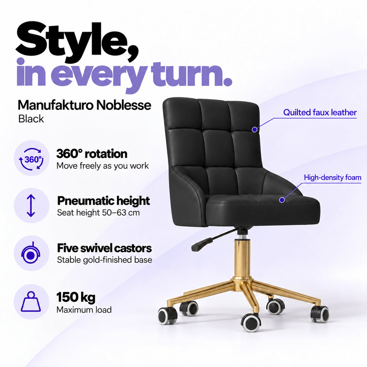 Manufakturo Noblesse Black beauty chair with 360-degree rotation, pneumatic seat height from 50 to 63 cm, five swivel castors on a gold-finished base and 150 kg maximum load.