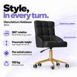 Manufakturo Noblesse Black beauty chair with 360-degree rotation, pneumatic seat height from 50 to 63 cm, five swivel castors on a gold-finished base and 150 kg maximum load.