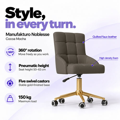 Manufakturo Noblesse Cocoa Mocha beauty chair with 360-degree rotation, pneumatic seat height from 50 to 63 cm, five swivel castors on a gold-finished base and 150 kg maximum load.