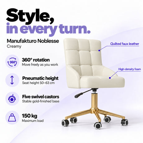 Manufakturo Noblesse Creamy beauty chair with 360-degree rotation, pneumatic seat height from 50 to 63 cm, five swivel castors on a gold-finished base and 150 kg maximum load.