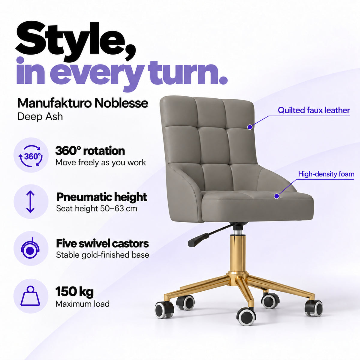 Manufakturo Noblesse Deep Ash beauty chair with 360-degree rotation, pneumatic seat height from 50 to 63 cm, five swivel castors on a gold-finished base and 150 kg maximum load.