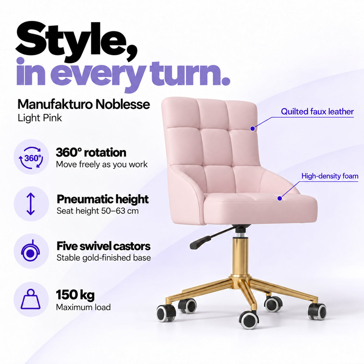 Manufakturo Noblesse Light Pink beauty chair with 360-degree rotation, pneumatic seat height from 50 to 63 cm, five swivel castors on a gold-finished base and 150 kg maximum load.