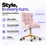 Manufakturo Noblesse Light Pink beauty chair with 360-degree rotation, pneumatic seat height from 50 to 63 cm, five swivel castors on a gold-finished base and 150 kg maximum load.