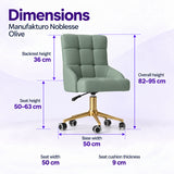 Manufakturo Noblesse Olive beauty chair dimensions: 50 cm seat width, 50 to 63 cm seat height, 36 cm backrest height, 82 to 95 cm overall height, 50 cm base width and 9 cm seat cushion thickness.