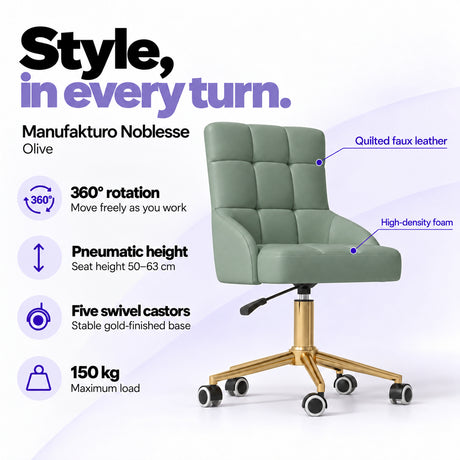 Manufakturo Noblesse Olive beauty chair with 360-degree rotation, pneumatic seat height from 50 to 63 cm, five swivel castors on a gold-finished base and 150 kg maximum load.