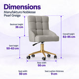 Manufakturo Noblesse Pearl Greige beauty chair dimensions: 50 cm seat width, 50 to 63 cm seat height, 36 cm backrest height, 82 to 95 cm overall height, 50 cm base width and 9 cm seat cushion thickness.