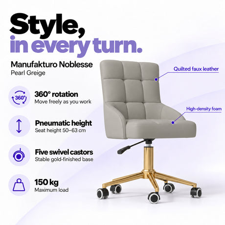Manufakturo Noblesse Pearl Greige beauty chair with 360-degree rotation, pneumatic seat height from 50 to 63 cm, five swivel castors on a gold-finished base and 150 kg maximum load.