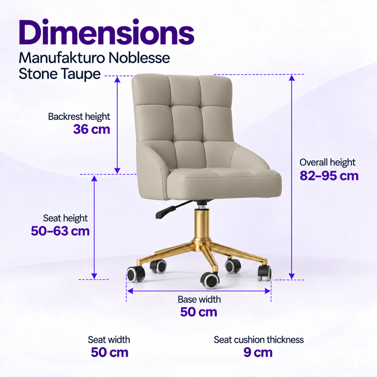 Manufakturo Noblesse Stone Taupe beauty chair dimensions: 50 cm seat width, 50 to 63 cm seat height, 36 cm backrest height, 82 to 95 cm overall height, 50 cm base width and 9 cm seat cushion thickness.