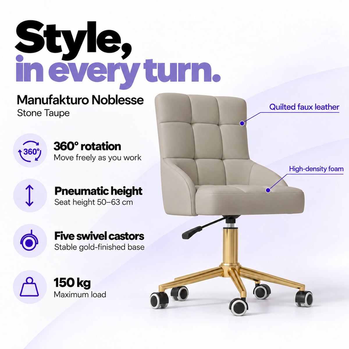 Manufakturo Noblesse Stone Taupe beauty chair with 360-degree rotation, pneumatic seat height from 50 to 63 cm, five swivel castors on a gold-finished base and 150 kg maximum load.