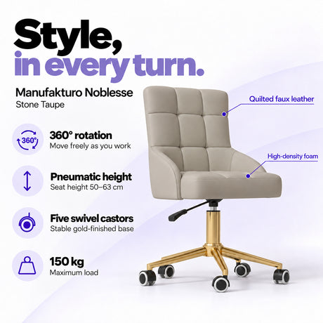 Manufakturo Noblesse Stone Taupe beauty chair with 360-degree rotation, pneumatic seat height from 50 to 63 cm, five swivel castors on a gold-finished base and 150 kg maximum load.