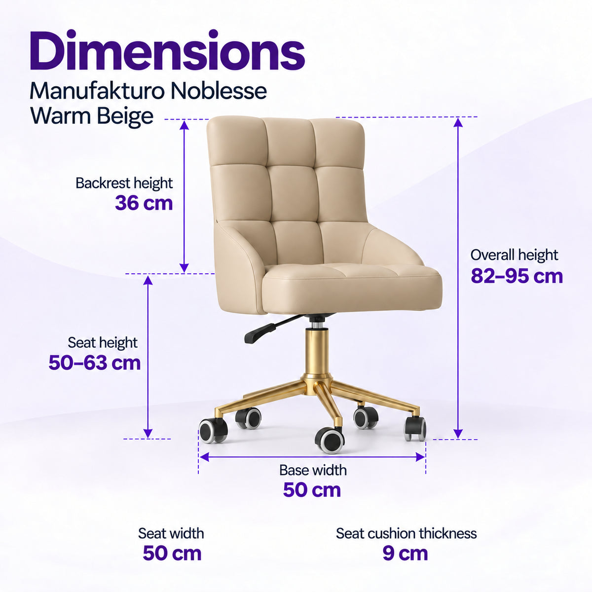 Manufakturo Noblesse Warm Beige beauty chair dimensions: 50 cm seat width, 50 to 63 cm seat height, 36 cm backrest height, 82 to 95 cm overall height, 50 cm base width and 9 cm seat cushion thickness.