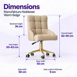 Manufakturo Noblesse Warm Beige beauty chair dimensions: 50 cm seat width, 50 to 63 cm seat height, 36 cm backrest height, 82 to 95 cm overall height, 50 cm base width and 9 cm seat cushion thickness.