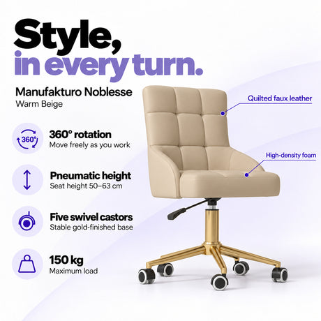 Manufakturo Noblesse Warm Beige beauty chair with 360-degree rotation, pneumatic seat height from 50 to 63 cm, five swivel castors on a gold-finished base and 150 kg maximum load.