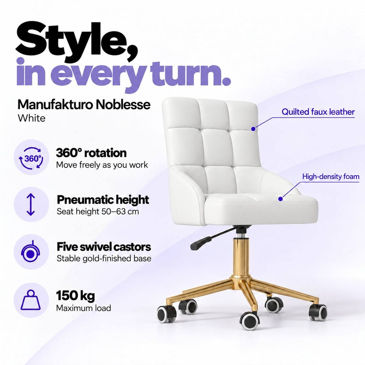 Manufakturo Noblesse White beauty chair with 360-degree rotation, pneumatic seat height from 50 to 63 cm, five swivel castors on a gold-finished base and 150 kg maximum load.