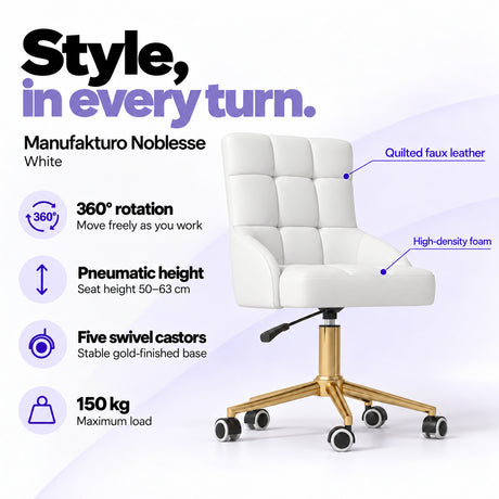 Manufakturo Noblesse White beauty chair with 360-degree rotation, pneumatic seat height from 50 to 63 cm, five swivel castors on a gold-finished base and 150 kg maximum load.