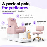 Manufakturo Noémie Bare Blush pedicure set features: massage and electric recline, ceramic basin and water jet, USB-C charging and matching height-adjustable rolling stool.