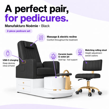 Manufakturo Noémie Black pedicure set features: massage and electric recline, ceramic basin and water jet, USB-C charging and matching height-adjustable rolling stool.