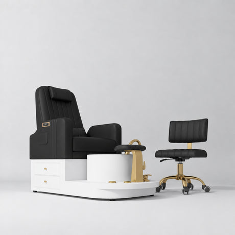 Manufakturo Noémie Black two-piece pedicure set with electric massage chair, gold tap, smooth foot support and matching rolling stool.