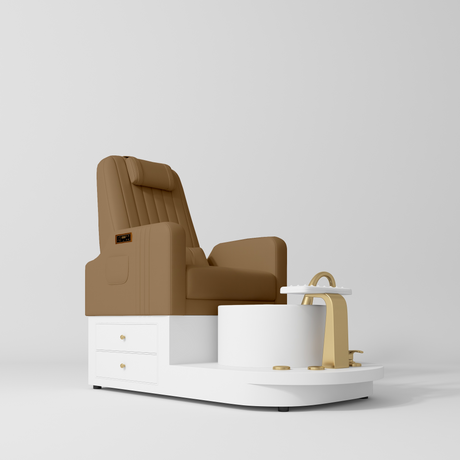 Manufakturo Noémie Caramel Luxury Electric Pedicure Chair - Massage Backrest, Gold Tap, USB-C, Ceramic Basin - close-up of the upholstery and construction details