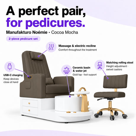Manufakturo Noémie Cocoa Mocha pedicure set features: massage and electric recline, ceramic basin and water jet, USB-C charging and matching height-adjustable rolling stool.
