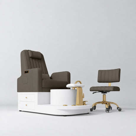 Manufakturo Noémie Cocoa Mocha two-piece pedicure set with electric massage chair, gold tap, smooth foot support and matching rolling stool.