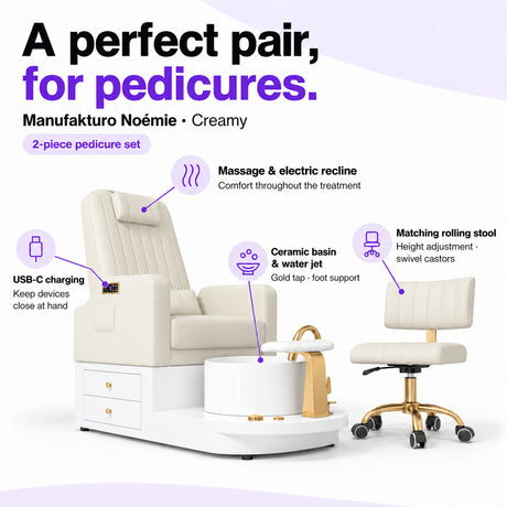 Manufakturo Noémie Creamy pedicure set features: massage and electric recline, ceramic basin and water jet, USB-C charging and matching height-adjustable rolling stool.