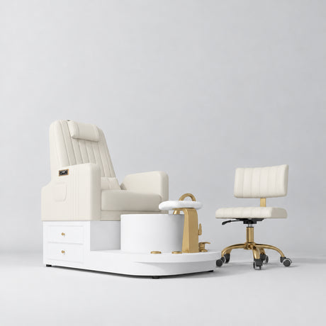 Manufakturo Noémie Creamy two-piece pedicure set with electric massage chair, gold tap, smooth foot support and matching rolling stool.
