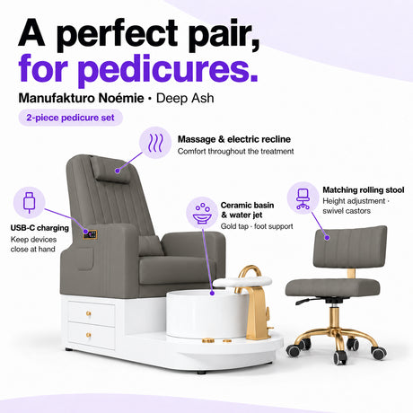 Manufakturo Noémie Deep Ash pedicure set features: massage and electric recline, ceramic basin and water jet, USB-C charging and matching height-adjustable rolling stool.
