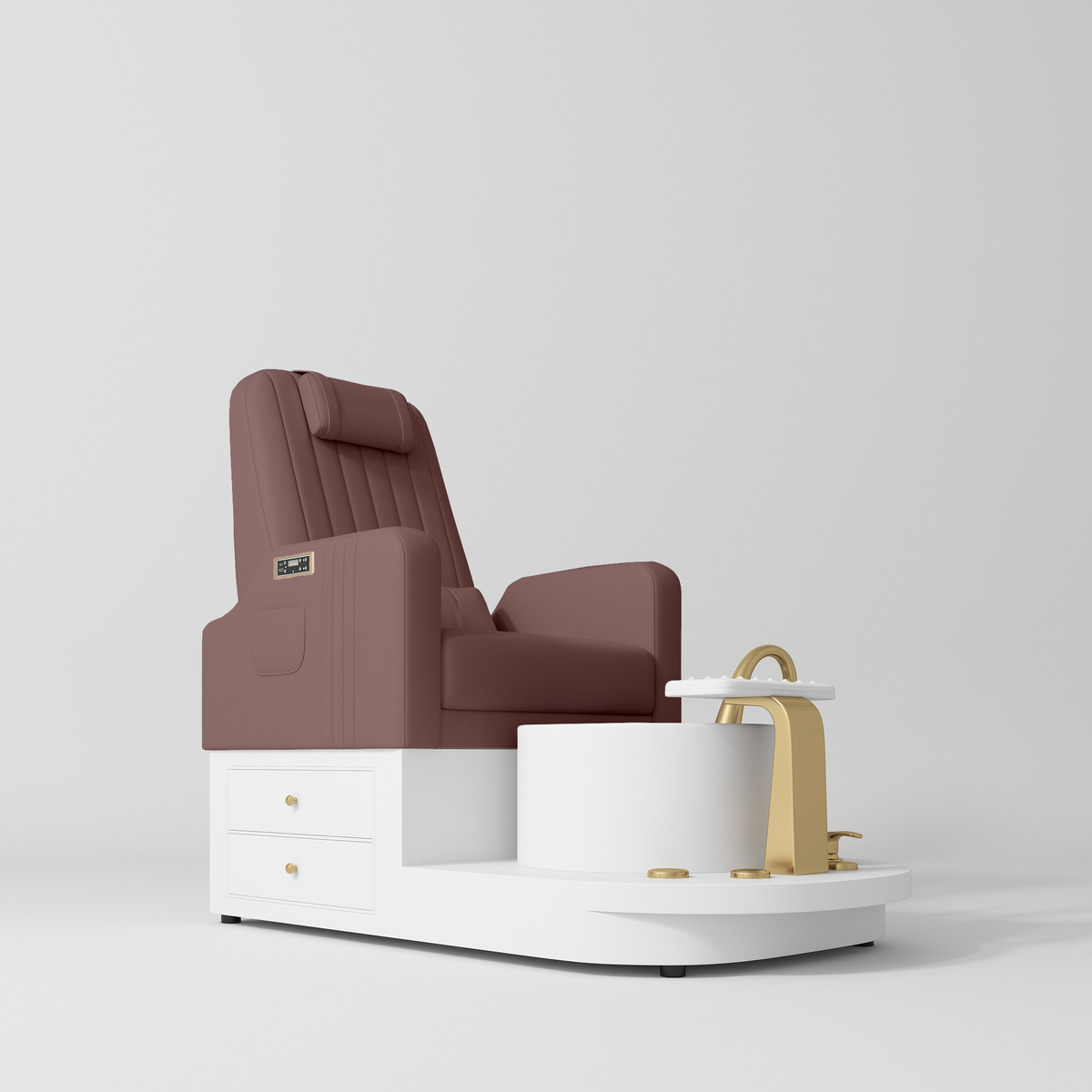 Manufakturo Noémie Dusty Rose Luxury Electric Pedicure Chair - Massage Backrest, Gold Tap, USB-C, Ceramic Basin - close-up of the upholstery and construction details
