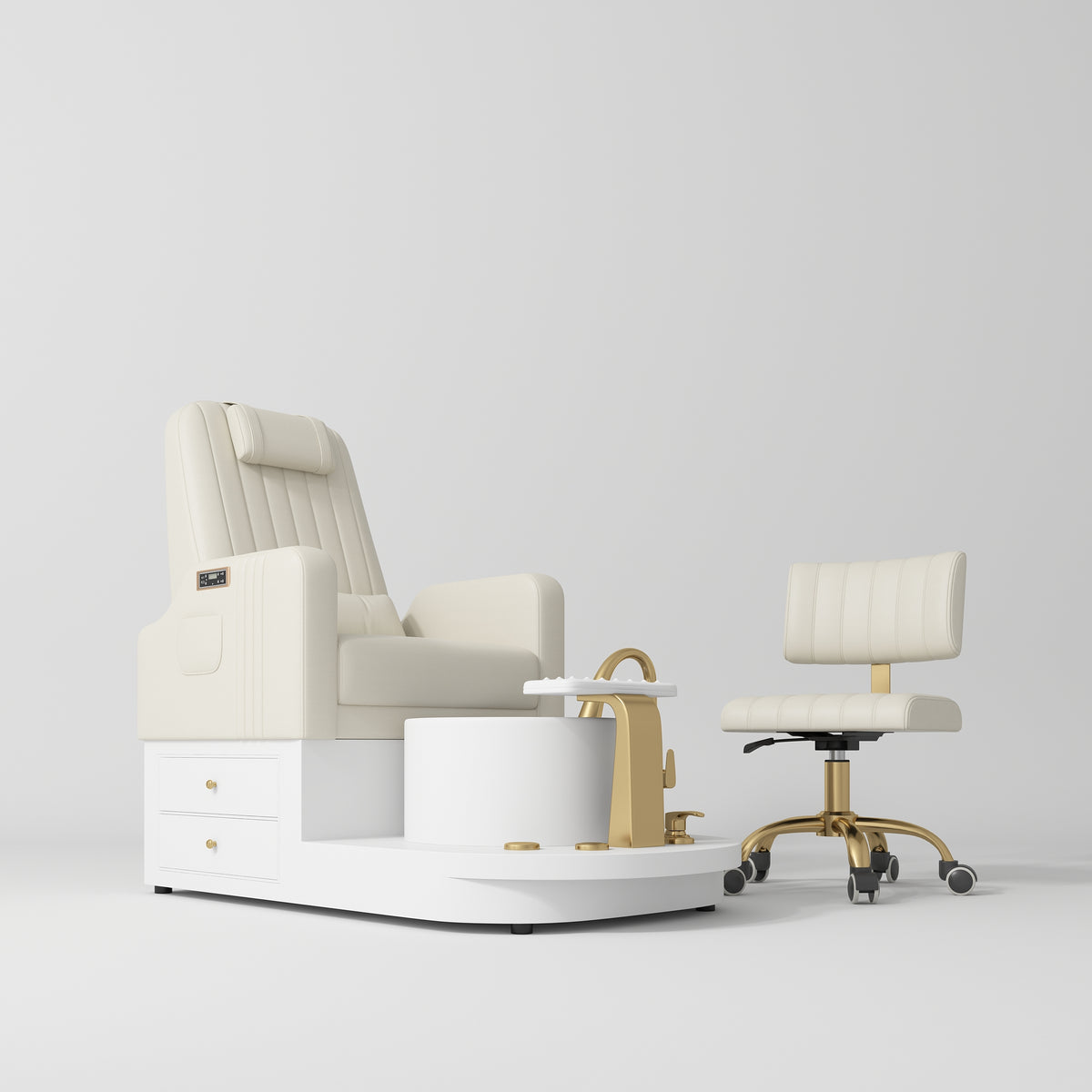 Manufakturo Noémie Luxury Electric Pedicure Chair with Matching Stool - Massage Backrest, Gold Tap, Creamy - close-up of a construction detail
