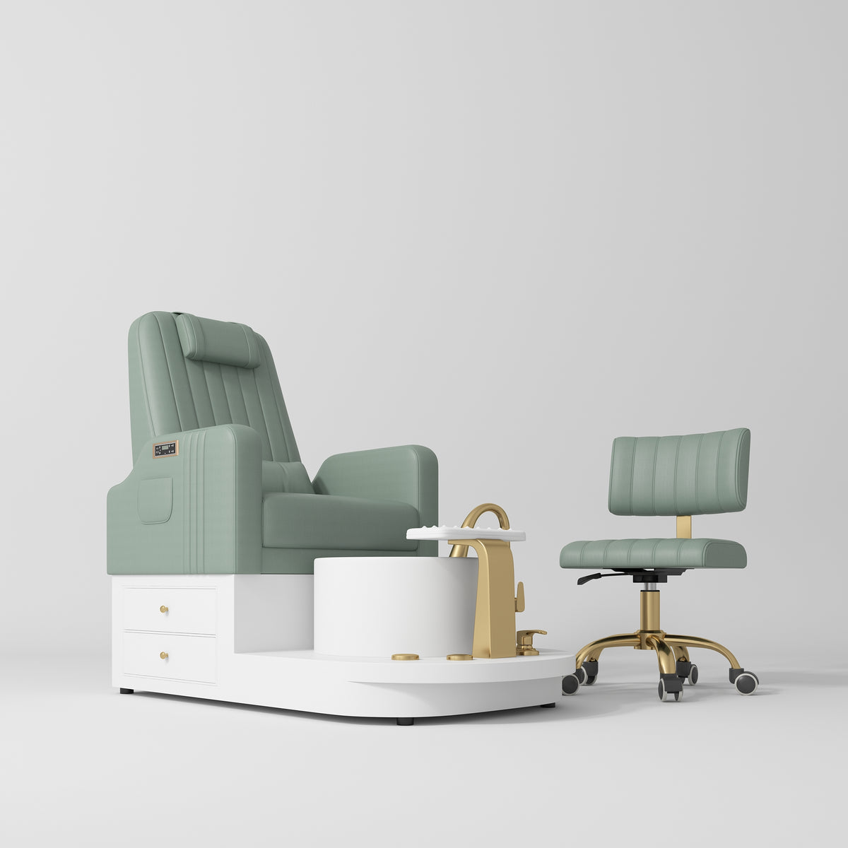 Manufakturo Noémie Luxury Electric Pedicure Chair with Matching Stool - Massage Backrest, Gold Tap, Olive - close-up of a construction detail