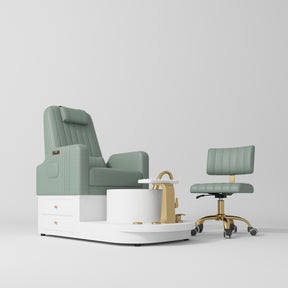 Manufakturo Noémie Luxury Electric Pedicure Chair with Matching Stool - Massage Backrest, Gold Tap, Olive - close-up of a construction detail