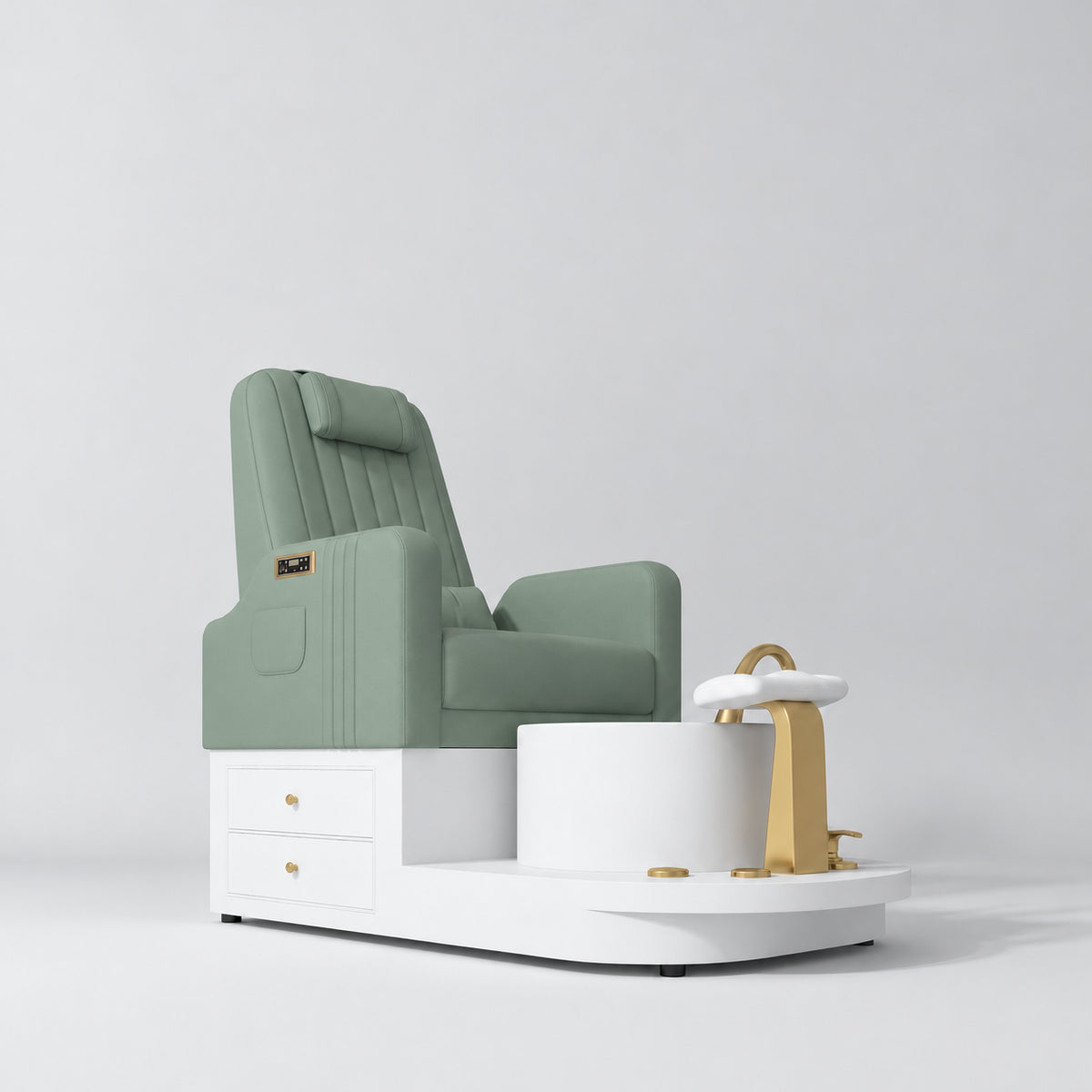 Manufakturo Noémie Olive electric pedicure chair with massage backrest, gold tap, empty ceramic basin and smooth white foot support.
