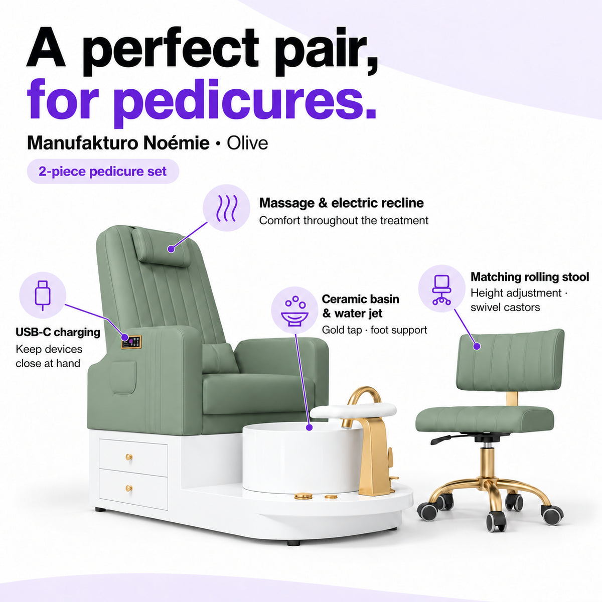 Manufakturo Noémie Olive pedicure set features: massage and electric recline, ceramic basin and water jet, USB-C charging and matching height-adjustable rolling stool.