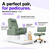 Manufakturo Noémie Olive pedicure set features: massage and electric recline, ceramic basin and water jet, USB-C charging and matching height-adjustable rolling stool.