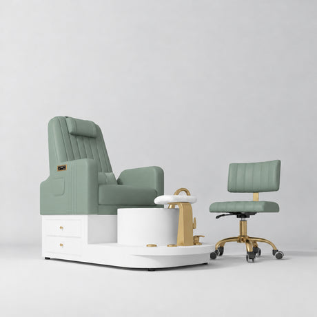 Manufakturo Noémie Olive two-piece pedicure set with electric massage chair, gold tap, smooth foot support and matching rolling stool.