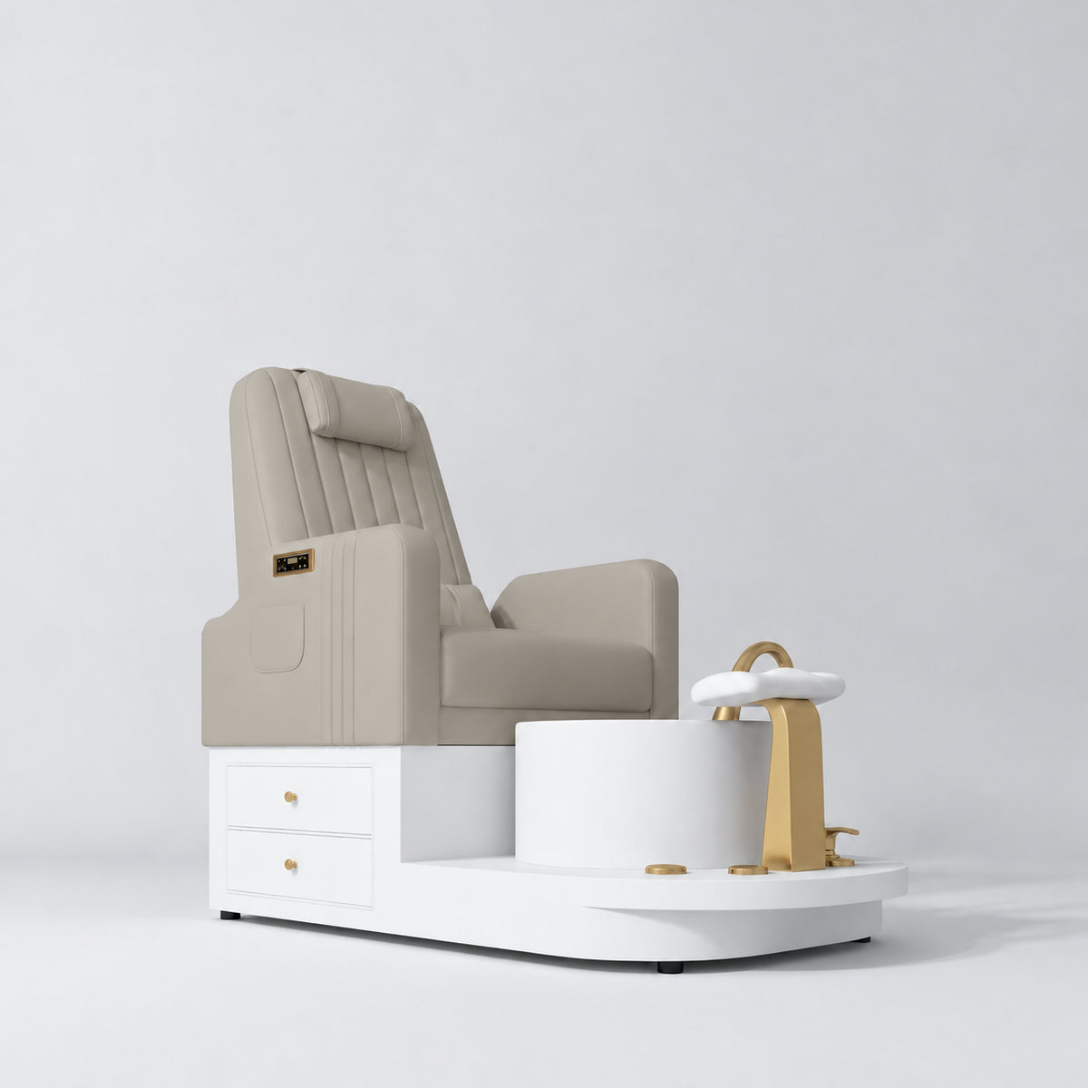 Manufakturo Noémie Stone Taupe electric pedicure chair with massage backrest, gold tap, empty ceramic basin and smooth white foot support.