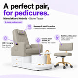 Manufakturo Noémie Stone Taupe pedicure set features: massage and electric recline, ceramic basin and water jet, USB-C charging and matching height-adjustable rolling stool.