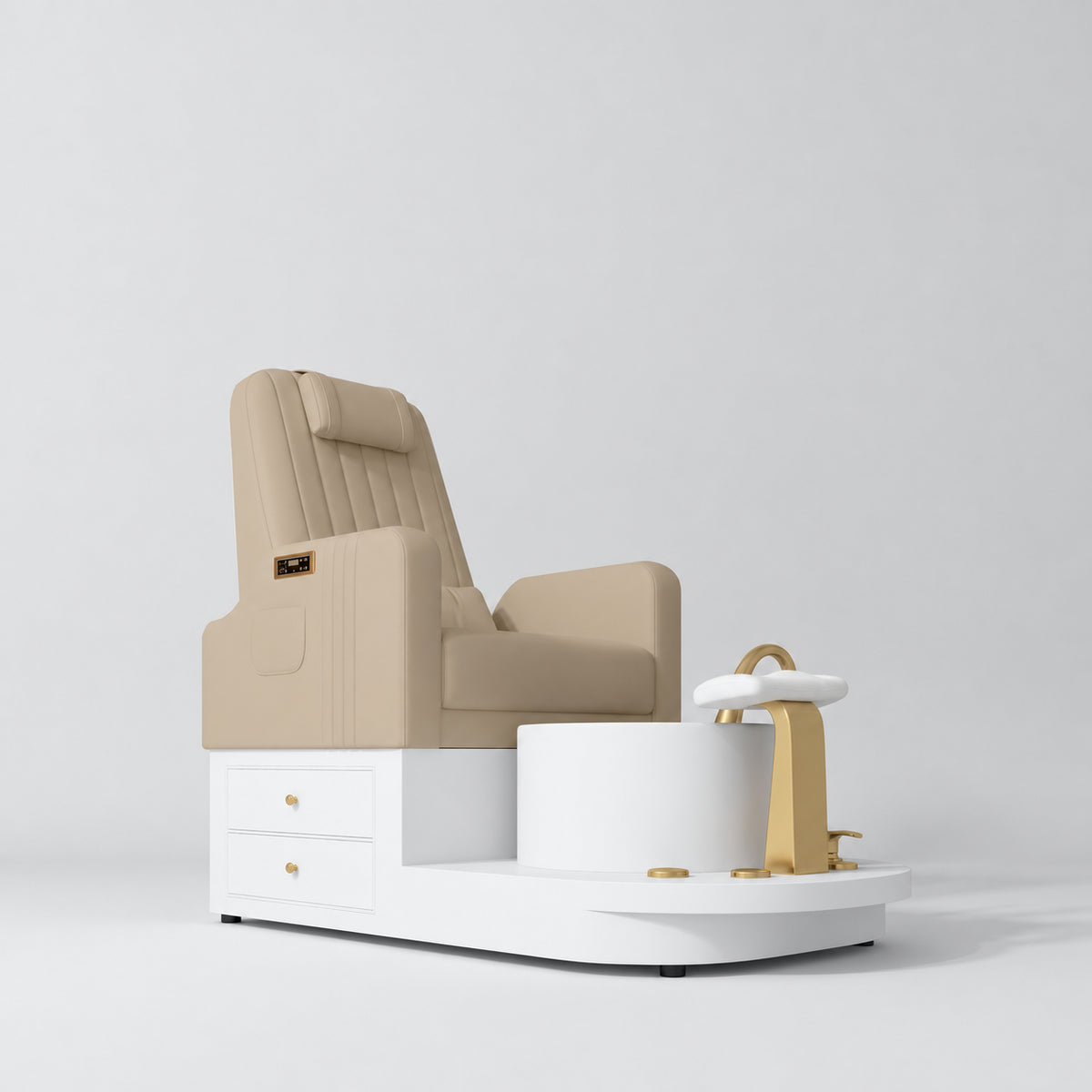 Manufakturo Noémie Warm Beige electric pedicure chair with massage backrest, gold tap, empty ceramic basin and smooth white foot support.