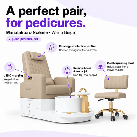 Manufakturo Noémie Warm Beige pedicure set features: massage and electric recline, ceramic basin and water jet, USB-C charging and matching height-adjustable rolling stool.