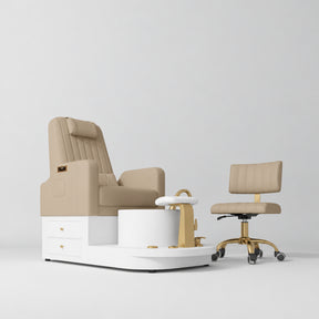 Manufakturo Noémie Warm Beige two-piece pedicure set with electric massage chair, gold tap, smooth foot support and matching rolling stool.