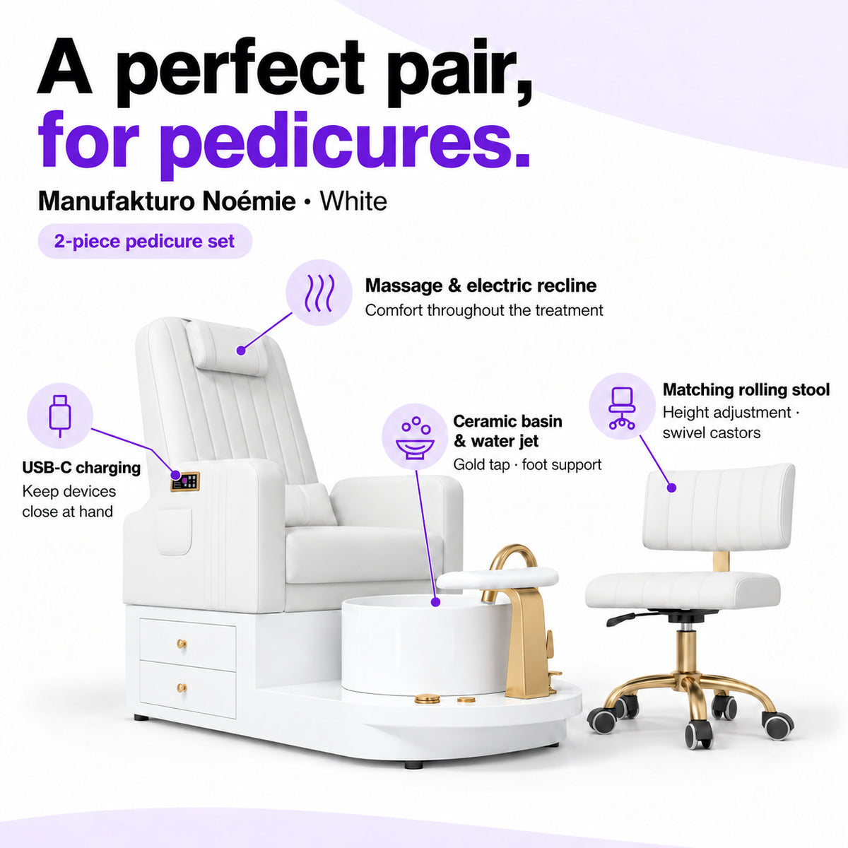 Manufakturo Noémie White pedicure set features: massage and electric recline, ceramic basin and water jet, USB-C charging and matching height-adjustable rolling stool.