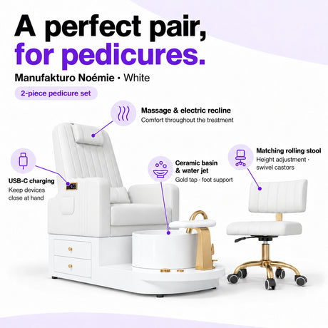 Manufakturo Noémie White pedicure set features: massage and electric recline, ceramic basin and water jet, USB-C charging and matching height-adjustable rolling stool.