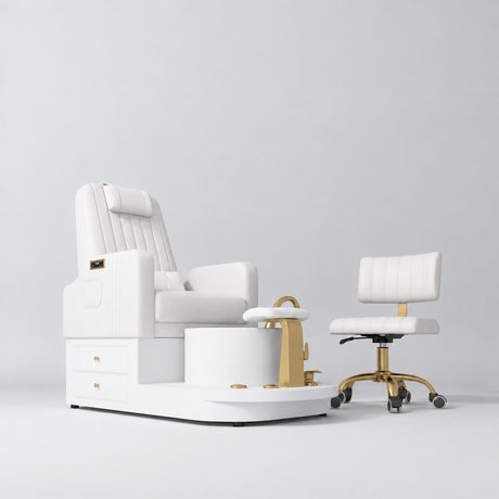 Manufakturo Noémie White two-piece pedicure set with electric massage chair, gold tap, smooth foot support and matching rolling stool.