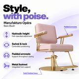 Manufakturo Opéra Bare Blush styling chair with foot-operated hydraulic height adjustment, swivel and locking control, padded armrests, integrated metal footrest and gold-finished circular base.