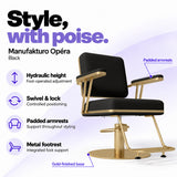 Manufakturo Opéra Black styling chair with foot-operated hydraulic height adjustment, swivel and locking control, padded armrests, integrated metal footrest and gold-finished circular base.
