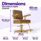 Manufakturo Opéra Caramel styling chair dimensions: 65 cm overall width, 89–104 cm overall height, 50 cm base diameter, 49 cm seat width, 41 cm backrest width, 41 cm armrest length and 35 cm footrest width.